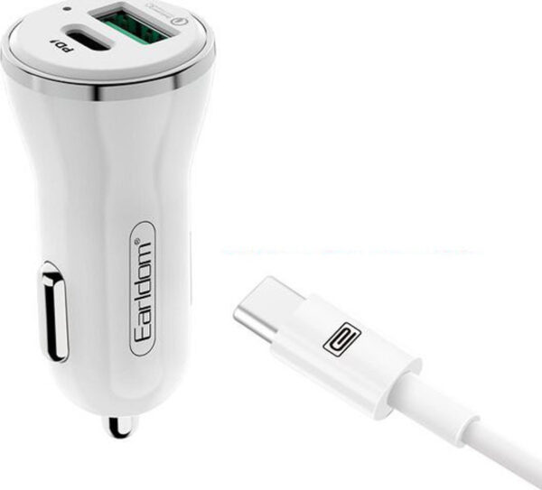 Earldom® USB-C & QC 3.0 With Type C USB Cable Fast Car Charger- White