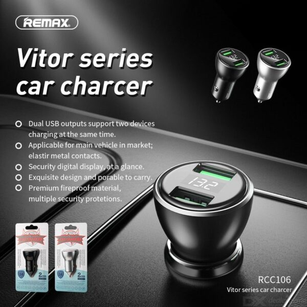 Remax® Car Charger 2x USB Port Strong Heat Dissipation Universal Adapter 3.4A- Silver - Image 2