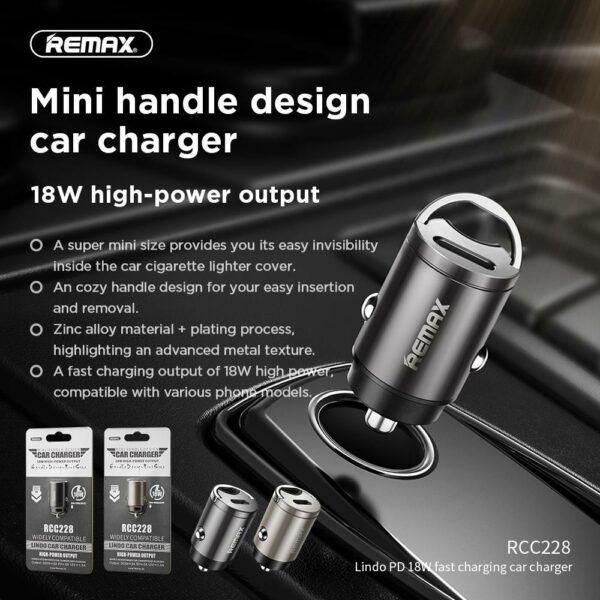 REMAX® Premium Lindo Series Single TYPE-C 18W Car Charger 3A- Gray - Image 2