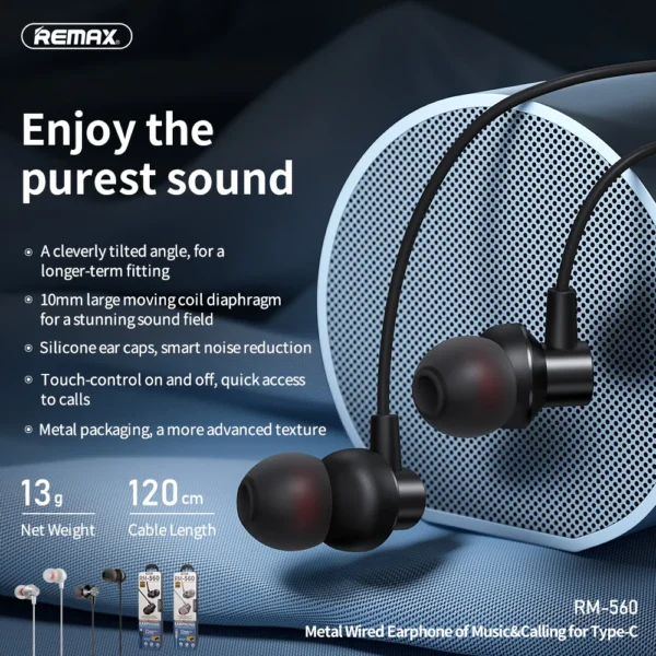 Remax® RM-560 Type-C Metal Wired Earphone- White - Image 3