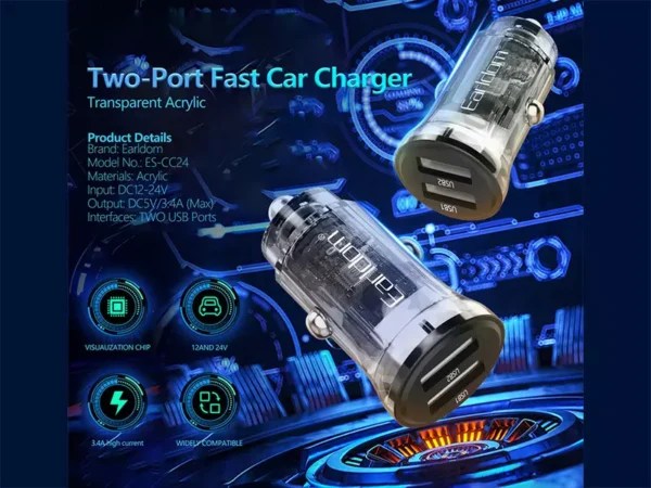 Earldom® Dual USB Fast Charger With Type-C Cable 3.4A PD/QC- Transparent - Image 3