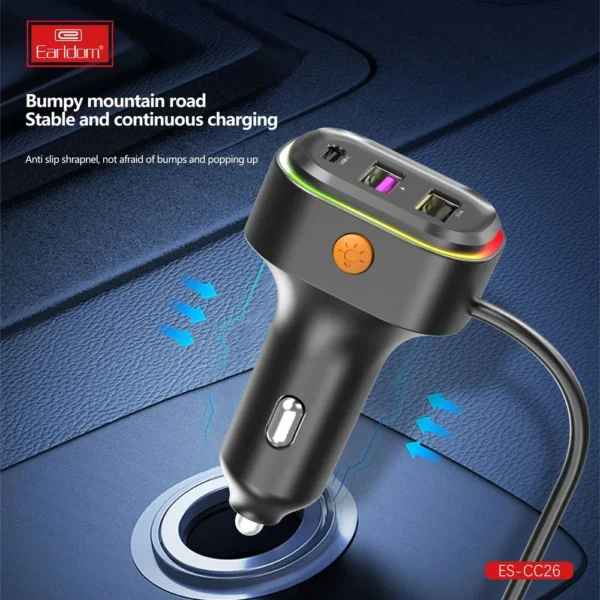 Earldom® CC26 RGB 6in1 66W car charger with cable extension- Black - Image 3