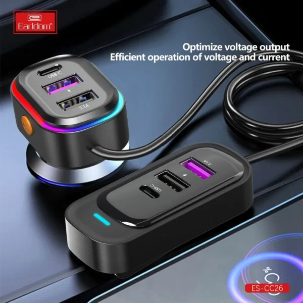 Earldom® CC26 RGB 6in1 66W car charger with cable extension- Black - Image 2