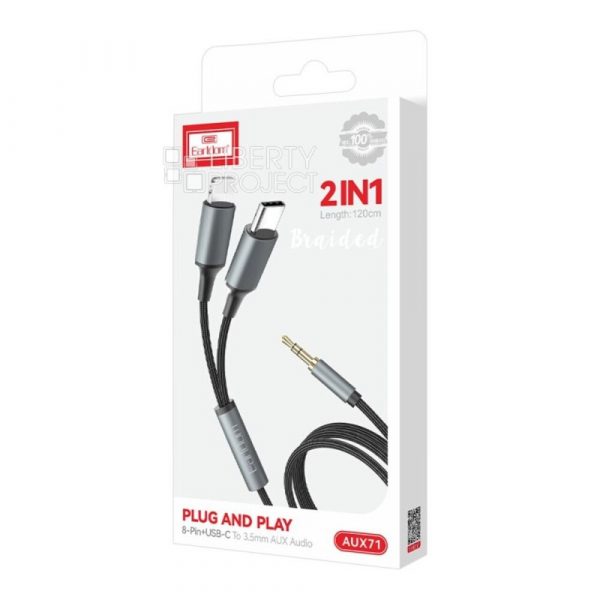 Earldom® ET-AUX71 Lightning 8-pin/Type-C Audio Cable, 1.2m, Nylon (Black)