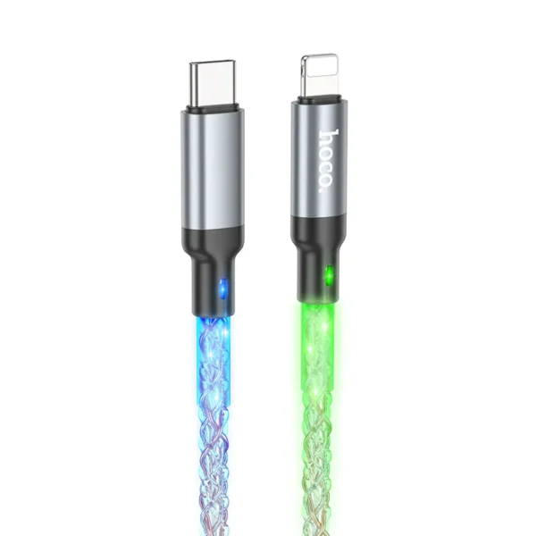 • Hoco® LED Shine Charging data cable 3.0A 20W TYPE-C to Lightning- Gray - Image 3