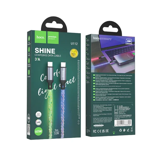 • Hoco® LED Shine Charging data cable 3.0A 60W TYPE-C to TYPE-C- Gray - Image 3