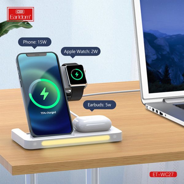 Earldom® WC27 3-in-1 Multi-Function Foldable Wireless Charging Stand With Night Light- White - Image 3