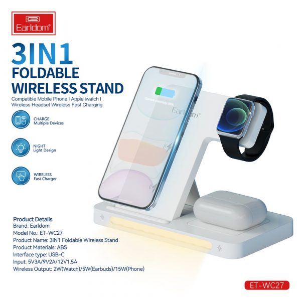 Earldom® WC27 3-in-1 Multi-Function Foldable Wireless Charging Stand With Night Light- White - Image 2