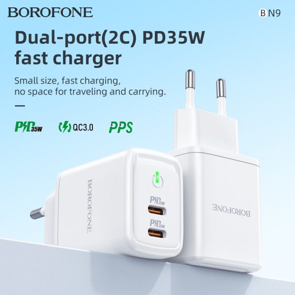 • Borofone® Premium Dual Type-C PD QC3.0 AFC FCP PPS Charger 35W EU Plug With Type-C Cable- White - Image 3