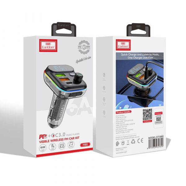 Earldom® M80 Bluetooth USB3.0 and Type C PD Fast Charging RGB FM Transmitter- Transparent - Image 5