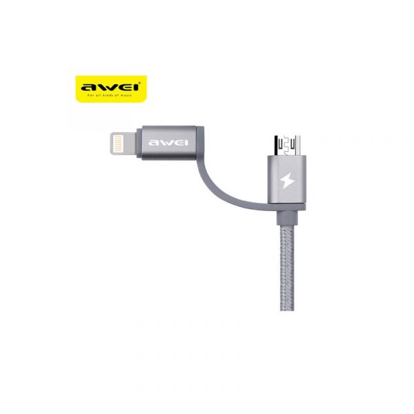 Awei® 2in1 USB to Lightning and Micro 2A 20CM Powerbank Cable- Silver - Image 2