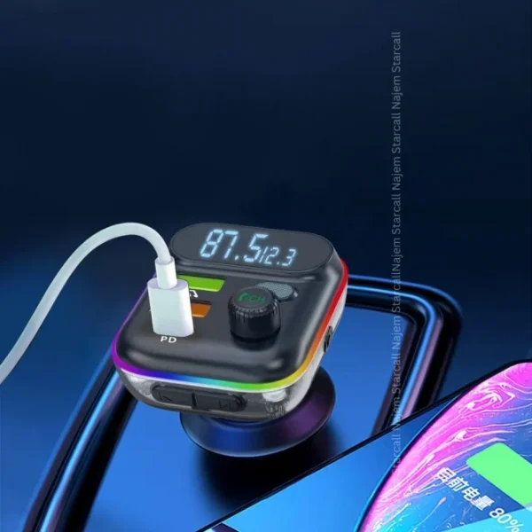 Earldom® M80 Bluetooth USB3.0 and Type C PD Fast Charging RGB FM Transmitter- Transparent - Image 3