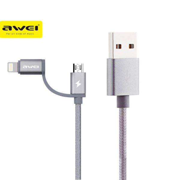 Awei® 2in1 USB to Lightning and Micro 2A 20CM Powerbank Cable- Silver