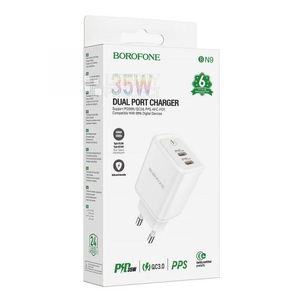 • Borofone® Premium Dual Type-C PD QC3.0 AFC FCP PPS Charger 35W EU Plug With Type-C Cable- White - Image 4