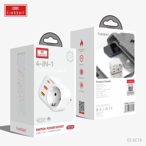 Earldom® 4in1 Universal Plug Charger 4000W 2x USB-A 1x USB-C 1x UK Plug (EU)- White - Image 3