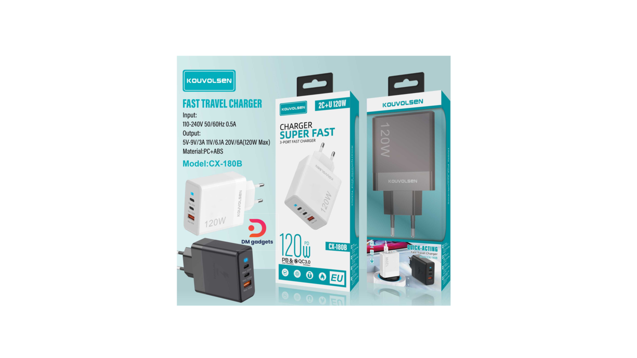 Kouvolsen®CX-180B 120W PD-QC 3.0 with 1 USB-A and 2 Type-C Ports-Black - Image 2