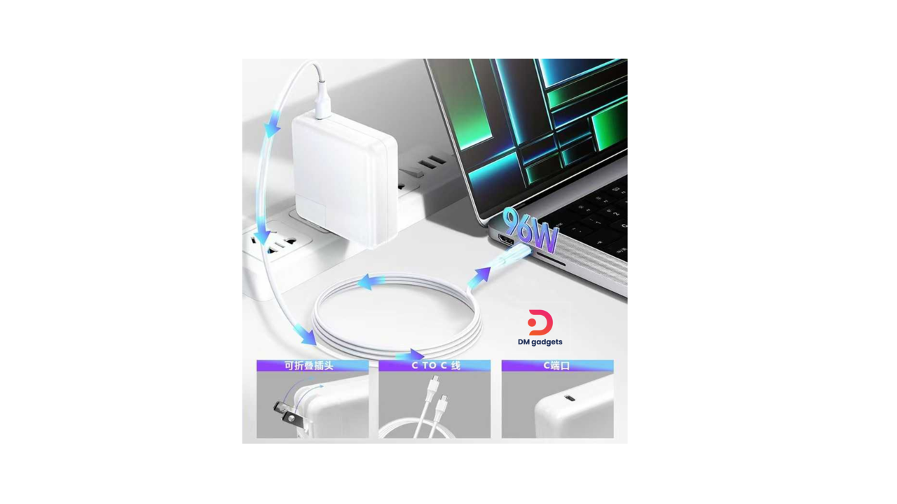 AE96®V-7419 Laptop Type-C charger with plug adapter – PD-96W – White - Image 2