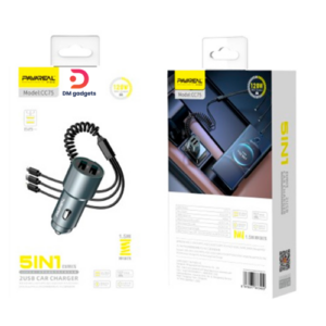 Pavareal® CC75, 5-in1 120W with 2 USB-A ports,1USB-C,1Micro and Lightning Car Charger-Grey