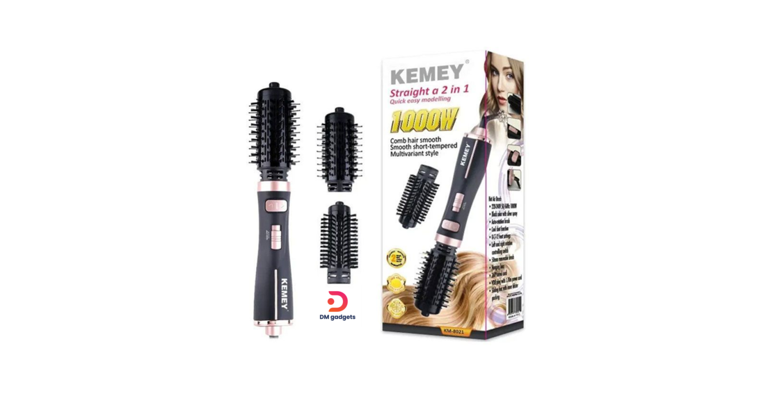 KEMEY® KM-8021 Hair Dryer – 2-in-1 Hot Hair Brush 1000W with Interchangeable Heads-Black