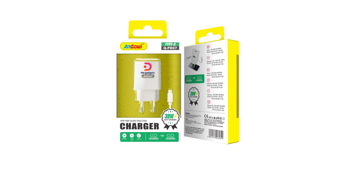 Andowl®Q-PD07 Charger with Type-C to Type-C cable 30W - White