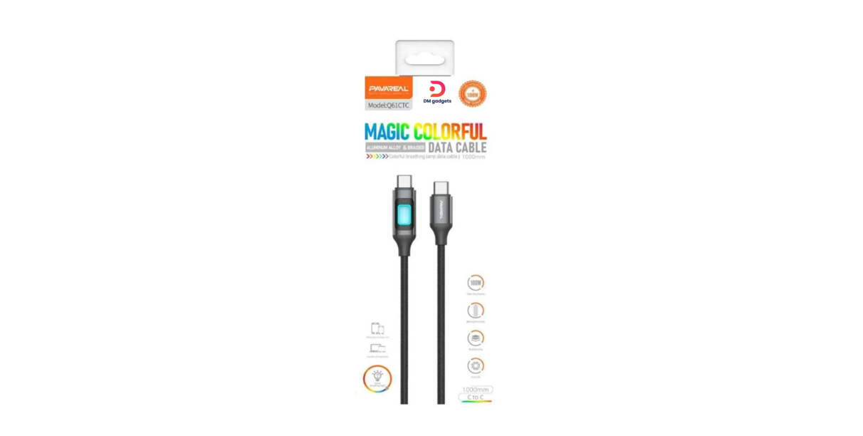 Pavareal®Q61CTC 100W TYPE C to TYPE C Cable Magic Colorful Data Cable 1m Black