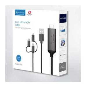 Mirascreen®LD36 USB Cable for HDTV – 3-in-1 connectors: Type-C, Micro USB, and Lightning.