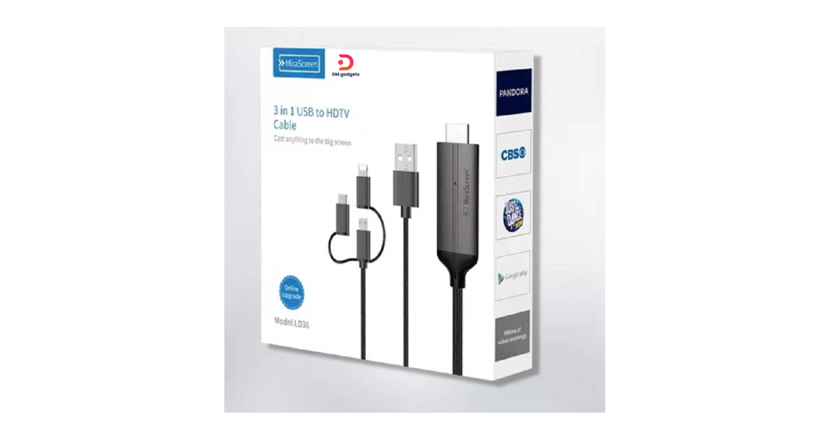 Mirascreen®LD36 USB Cable for HDTV – 3-in-1 connectors: Type-C, Micro USB, and Lightning.