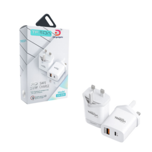 Treqa®CH-635 38W PD UK-Plug, Fast Charger with USB and Type-C Ports – Fast Charging - White