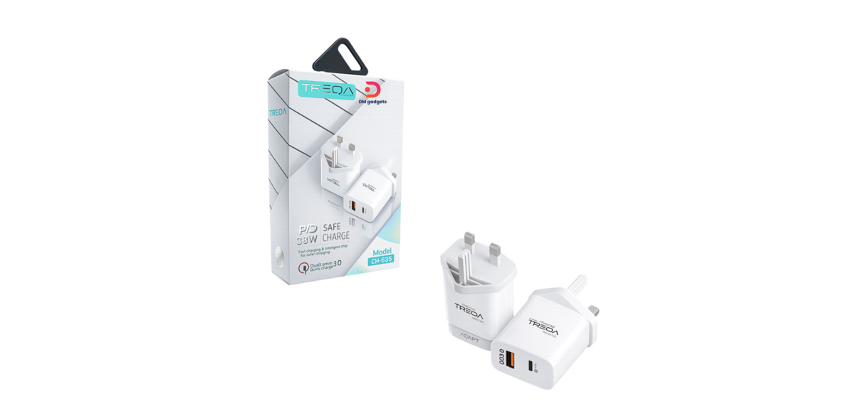 Treqa®CH-635 38W PD UK-Plug, Fast Charger with USB and Type-C Ports – Fast Charging - White