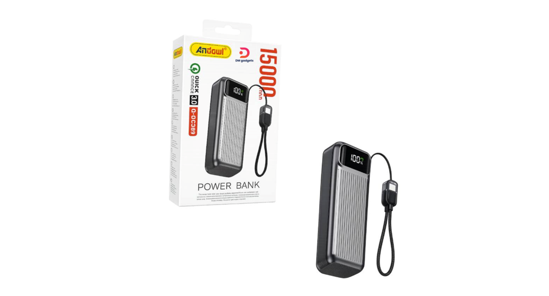 Andowl®Q-DC389 15000mAh Fast-Charging Power Bank with Digital Display + Built-in Cable