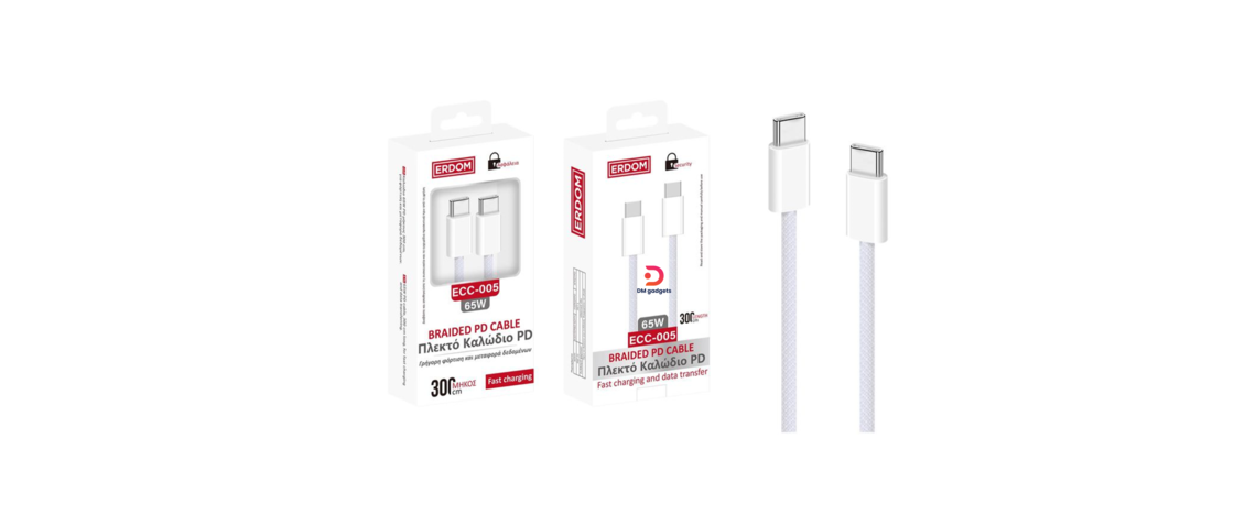 ERDOM®ECC-005 Braided PD Type-C to Type-C Cable 65W 3m Charging Cable - White