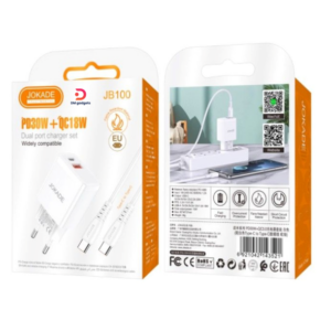 JOKADE®JB100 PD30W+QC18W Dual port Charger Set with Type-C to Type-C Cable - White