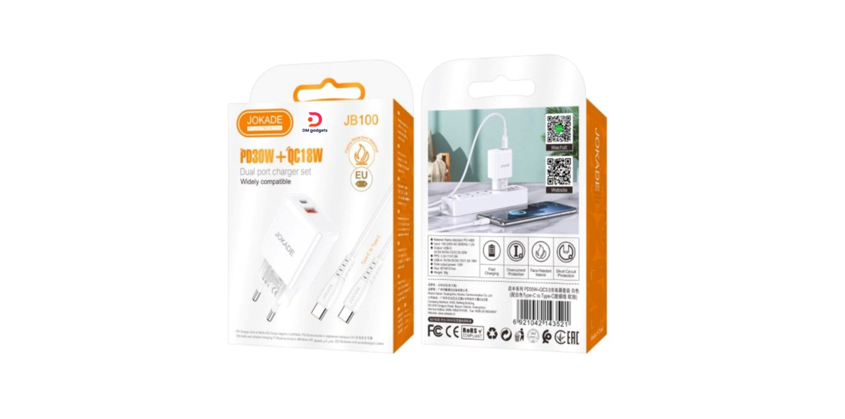 JOKADE®JB100 PD30W+QC18W Dual port Charger Set with Type-C to Type-C Cable - White