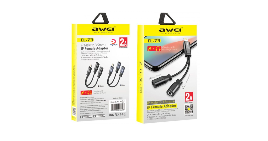AWEI®CL-73 iP Male to 3.5mm + iP Female Adapter - Black