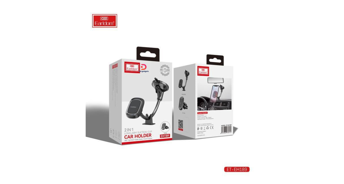 Earldom®ET-EH189 2 in 1 Long-ARM Suction Cup + Air Vent Mount – Car Holder - Black
