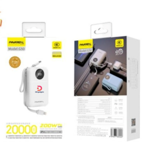 PAVAREAL®G50 20000/200W PD Super-Fast Power Bank with Built-in iOS+Android cables White