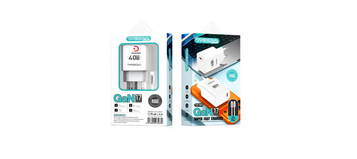 Treqa®CH-663- GaN 40W USB-C Power Delivery Charger with Type-C Cable