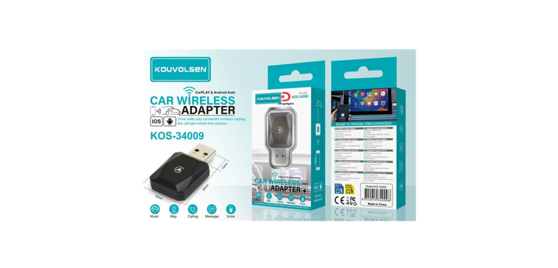 Kouvolsen®KOS-34009 Car Play + Android Auto Car Wireless Adapter – Black