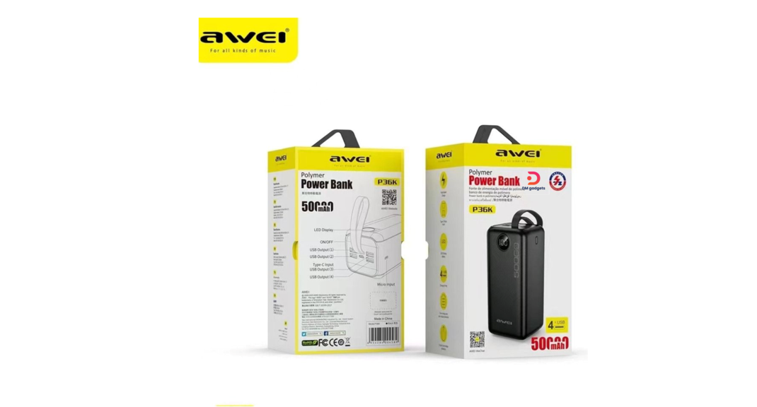 AWEI®P36K 50.000mah – 4USB-A+1USB-C 22.5W Powerbank - Black