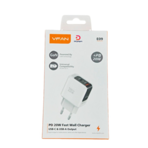 VFAN®E09 2 Ports Fast Charger GaN PD 20W USB A+USB-C –  White