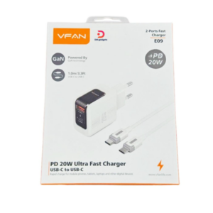 VFAN®E09-CC EU-20W Dual Port GaN Wall Charger-USB-A + USB-C Outputs, with C-to-C Cable-White
