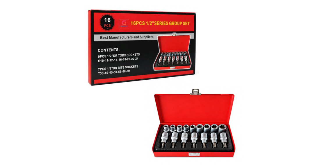 DM®089170 Professional 16PCS 1/2″ Torx + E-Torx Socket Set