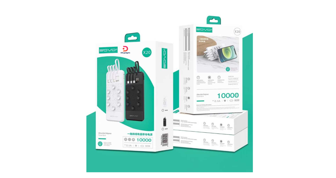 SOVO®X20 Powerbank 4in1 – Fast Charge – 10.000mah built-in Cable - Black