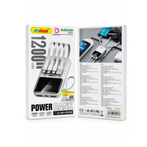 Andowl®Q-DC268 12,000 mAh 22.5 W Power Bank 20 W PD, Built-in Cables + Digital Display - White