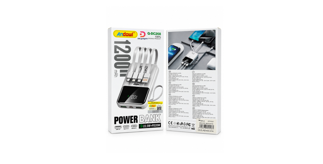 Andowl®Q-DC268 12,000 mAh 22.5 W Power Bank 20 W PD, Built-in Cables + Digital Display - Black