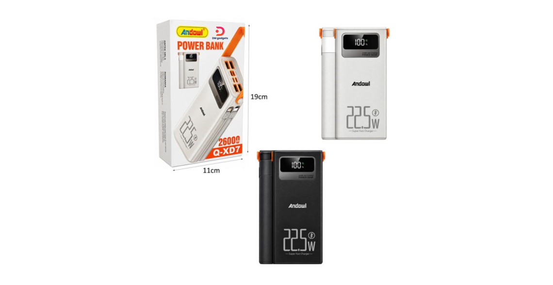 Andowl®Q-XD7 26000mAh -22.5W Power Bank with Digital Display + Built-in Cables -Black