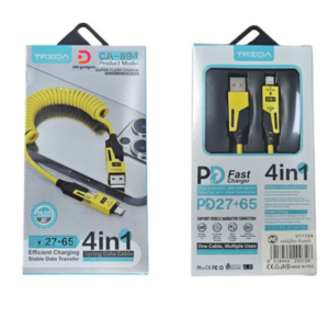 Treqa®CA-894 4-in-1 Data Cable, 1500 mm, with Spring Clip – Super Flash Charge - Yellow