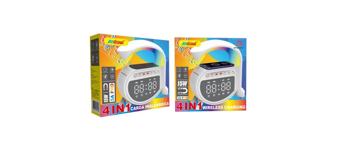 Andowl ®4-in-1 Speaker with Bluetooth, Wireless Charger, Alarm Clock + Clock 15W 5A Pro
