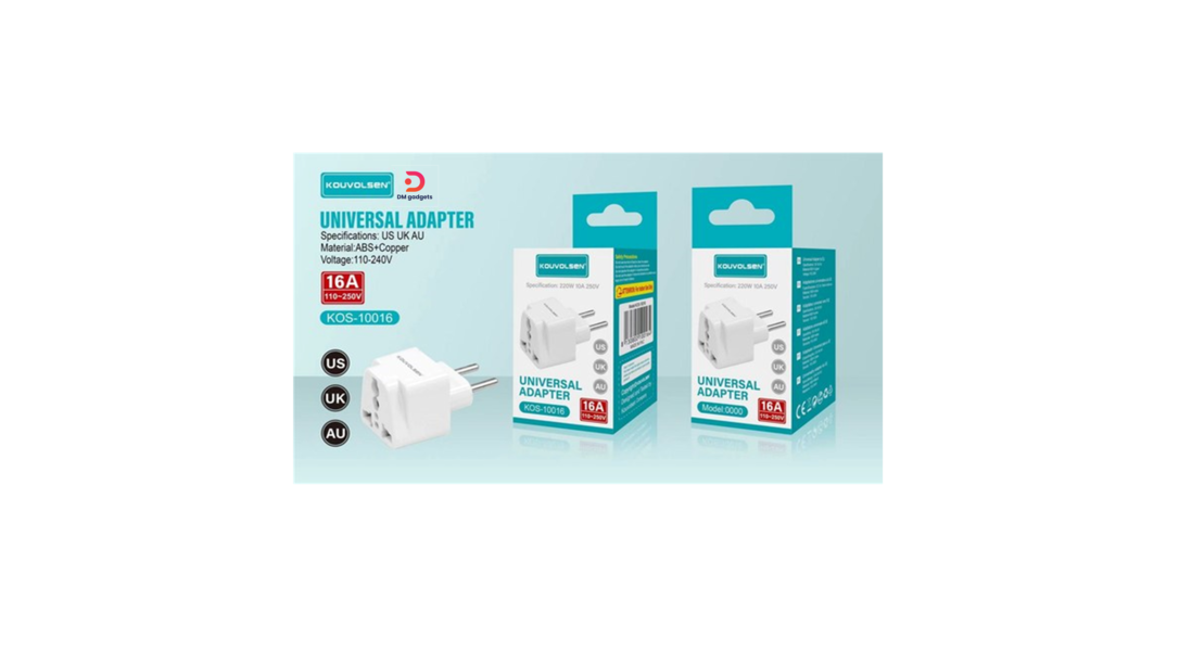 Kouvolsen®KOS-10016 Universal Travel Plug Adapter 16A 250V US-UK-AU – White